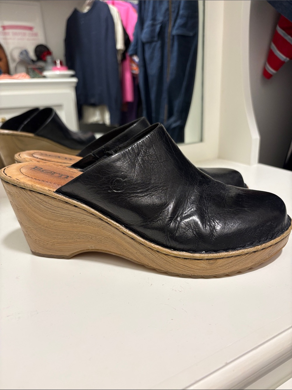 Born Black Leather Wedge Clogs with Wood-Look Platform
